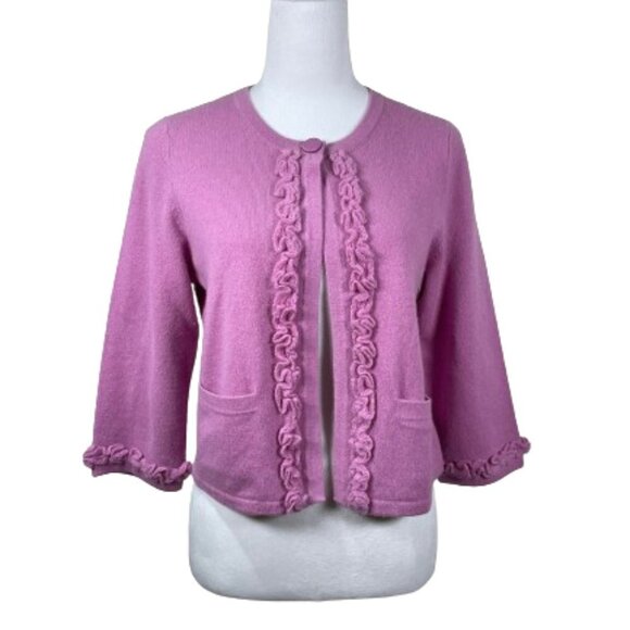LORD & TAYLOR Cashmere Lavender Cardigan Sweater w/Ruffle Hem, 1 Button, EUC - Picture 1 of 10